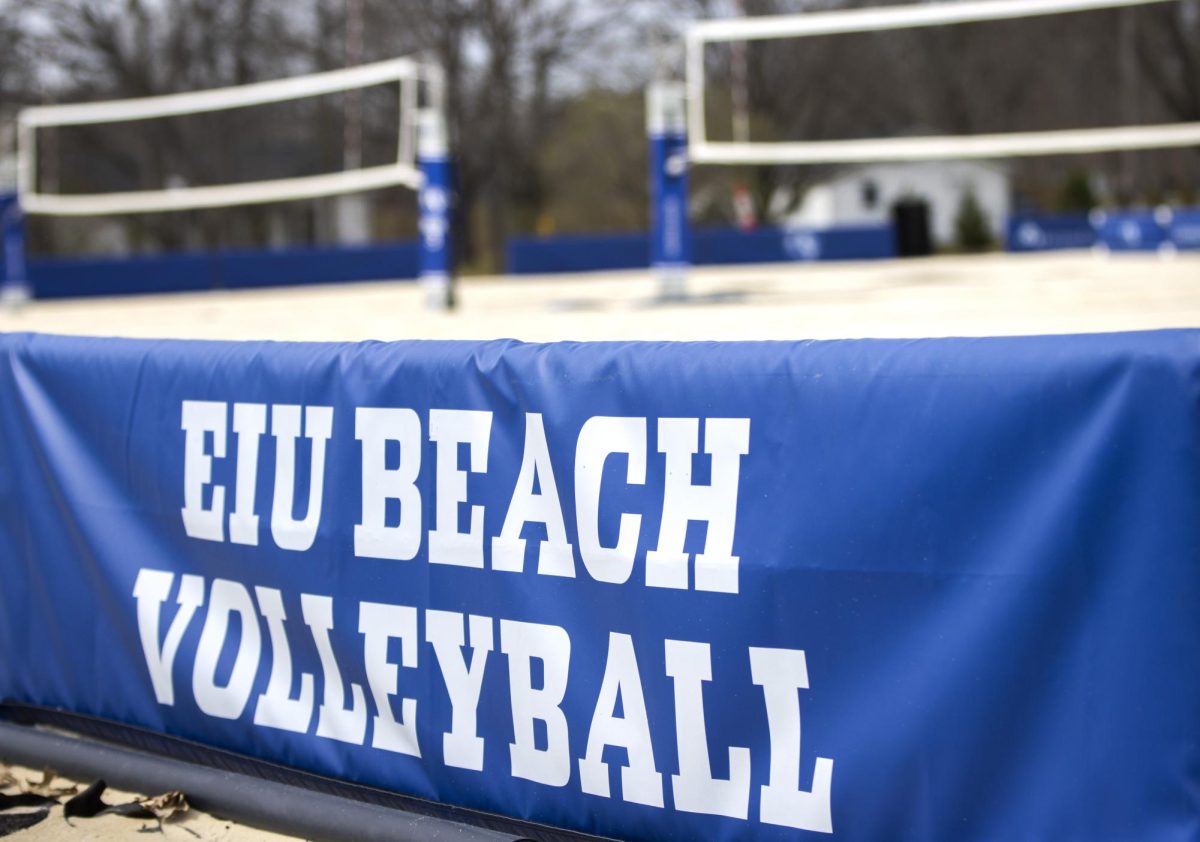 Eastern Illinois University's branding on the side of their new beach volleyball facility at Linder Sports Complex.