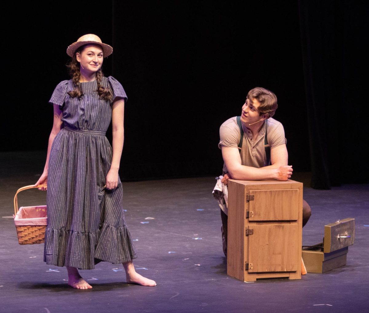 Alice, played by Bri Olshawsky, talks to Jimmy Ray, played by Mitch Cox sing “Whoa, Mama” during Bright Star. Alice tries to get Jimmy Ray to notice her in a romantic way during Bright Star in the Doudna Fine Arts Center.