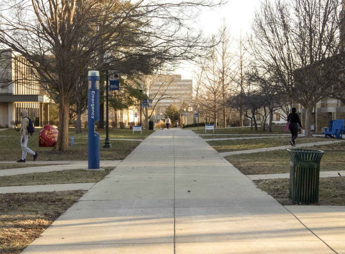 Eastern Illinois University students walk in between the MLK Union and McAfee Gym on Feb. 27.