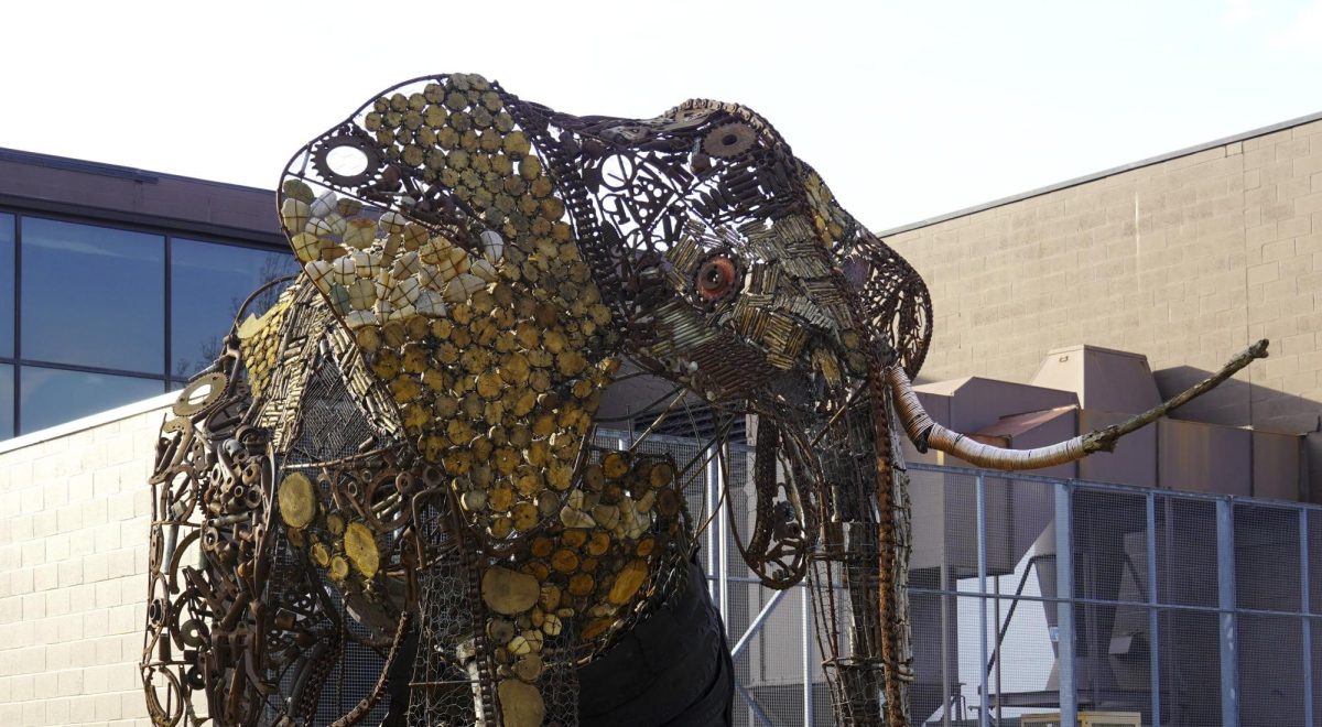 COPY - "Osono Anisuo," which is known as "Tears of an Elephant" in English, is a sculpture by EIU alumni artist Francis Akosah. The sculpture's previous owners donated it to Eastern Illinois University's campus in Charleston, Ill. There was a dedication ceremony on Wednesday, March 4, 2026. The artwork represents the damages done by the poaching of endangered wildlife in West Africa. The sculpture currently sits along Seventh Street adjacent to the Doudna Fine Arts Center and H.F. Thut Greenhouse.
