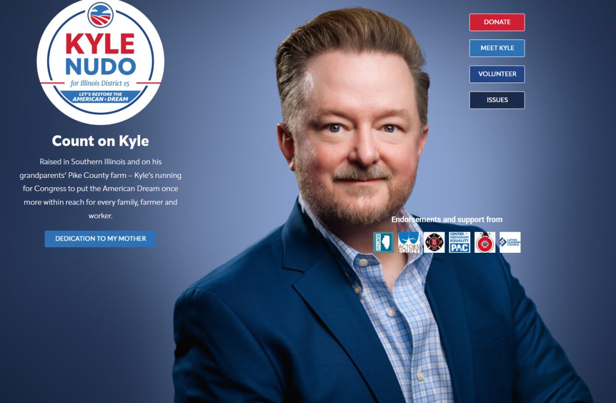 Screenshot of home page of Kyle Nudo's website. Nudo is a candidate in the democratic primary of the 15th Congressional District of Illinois.