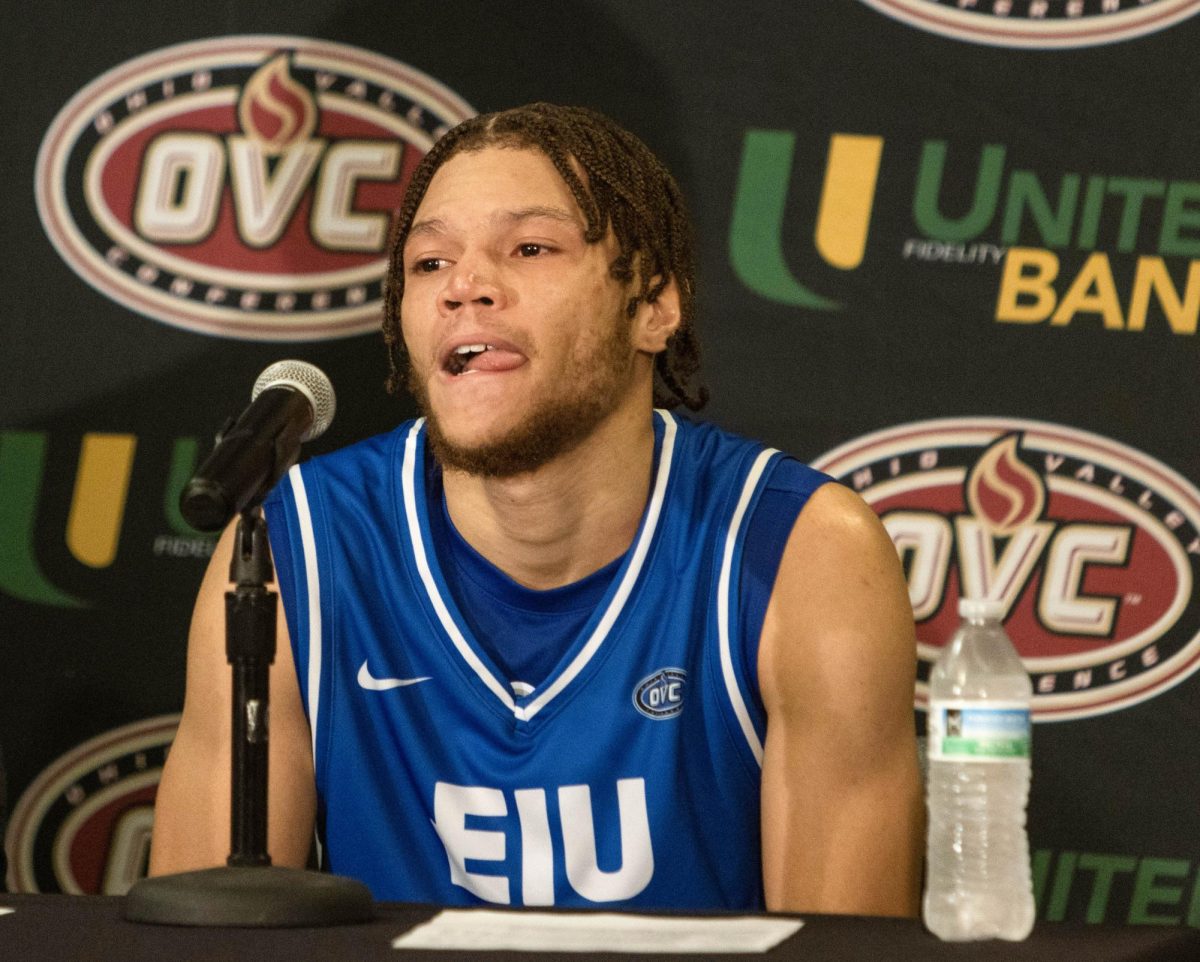 Junior guard Meechie White sits teary-eyed in the press conference following EIU men’s basketball’s 66-63 loss to UT Martin in the OVC Conference Tournament quarterfinals at the Ford Arena in Evansville, Indiana, on Thursday.