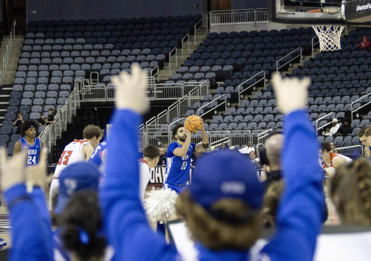 Redshirt junior guard Preston Turner shoots a free throw during EIU men’s basketball’s 66-63 loss to UT Martin in the OVC Conference Tournament quarterfinals at the Ford Arena in Evansville, Indiana, on Thursday.