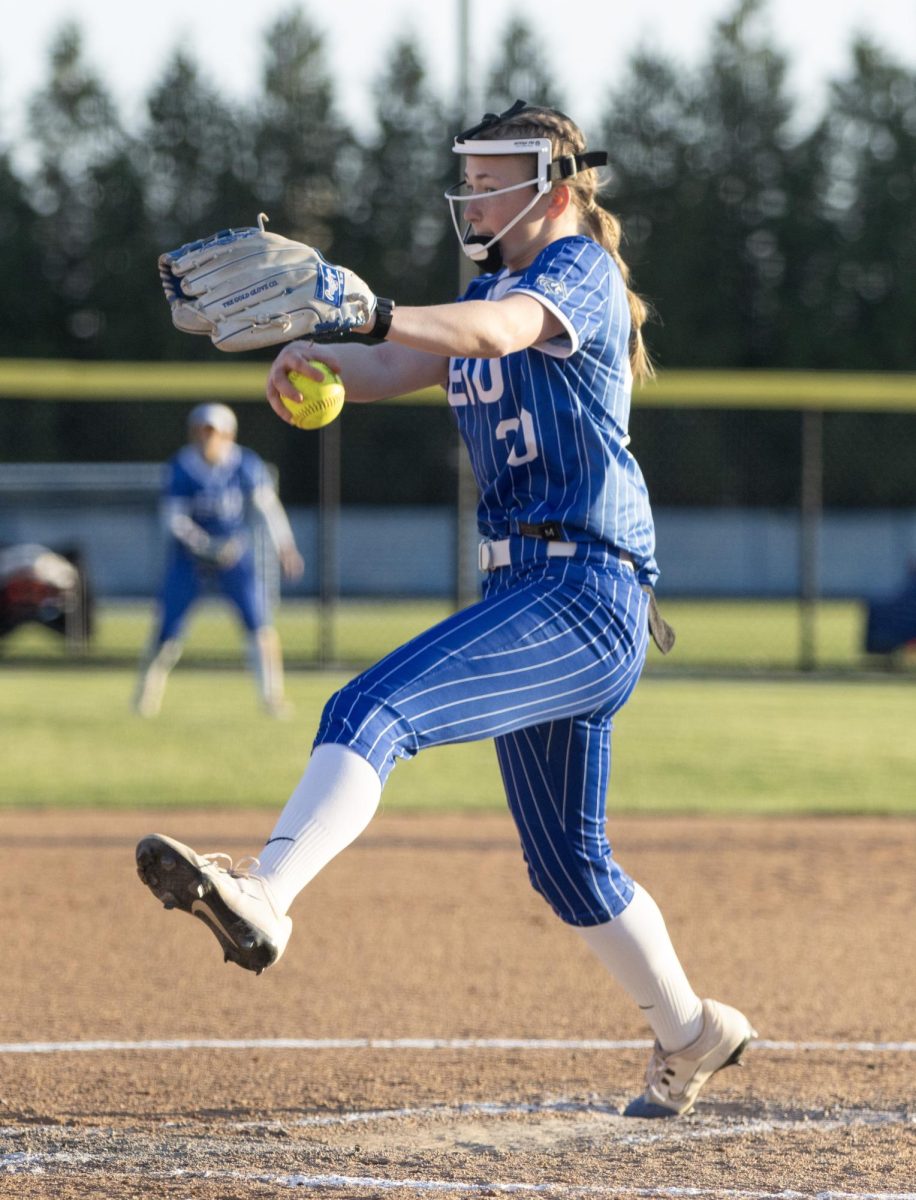 EIU sophomore outfielder, Mo Hance and junior catcher Sophia Olman, celebrate during the panther’s second game in a row against Lindenwood University on Saturday where the panthers won 5-1 at Williams Field.