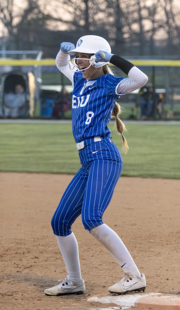 EIU freshman outfielder, Brooklyn Groppel celebrates after a run batted single during the team’s second win against Lindenwood University on Saturday. Groppel earned 1 hit and 1 at-bat during the 5-1 victory during the game at Williams Field.