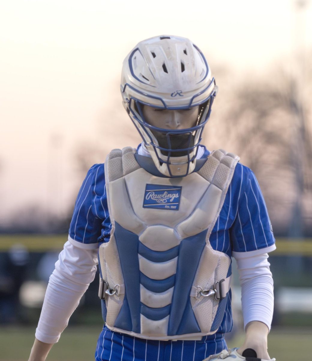 EIU softball junior catcher, Sophia Olman looks out during the team’s second win against Lindenwood University on Saturday at Williams Field. Olman had one hit during the 5-1 win against LU.