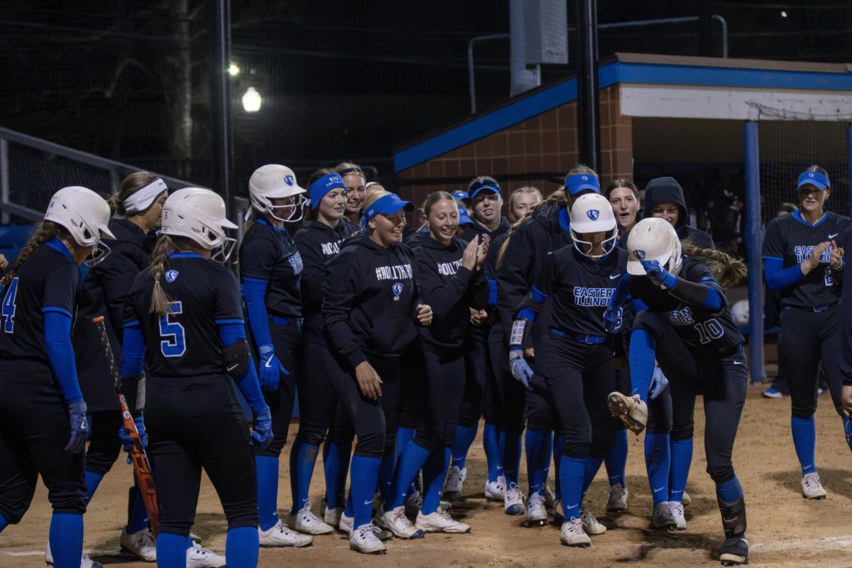 Eastern Illinois softball junior catcher Sophia Olmon stomps on home plate after hitting a two-run game tying homerun in the bottom of the 12th inning during a 14 inning 12-11 victory against Lindenwood on Friday on Williams Field.