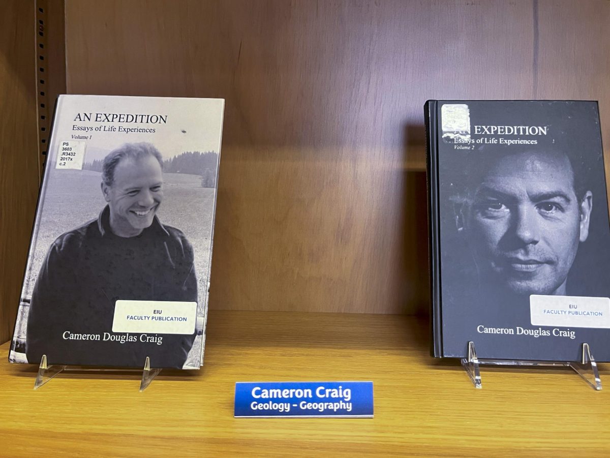 Professor Cameron Criag's AN EXPEDITION volume 1 (February 2017) on the left, and AN EXPEDITION volume 2 (November 2017) on the right. The books are in Booth Library's faculty reading room. Each essay carries a different story and subjet. 