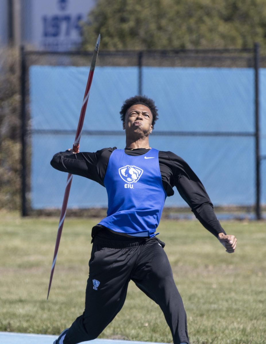 Eastern Illinois University fifth year senior track and field sprinter and thrower Shawn Lacy throws a Javelin at the Big Blue Classic where he placed first in Javelin and the 100-meter dash on Saturday.