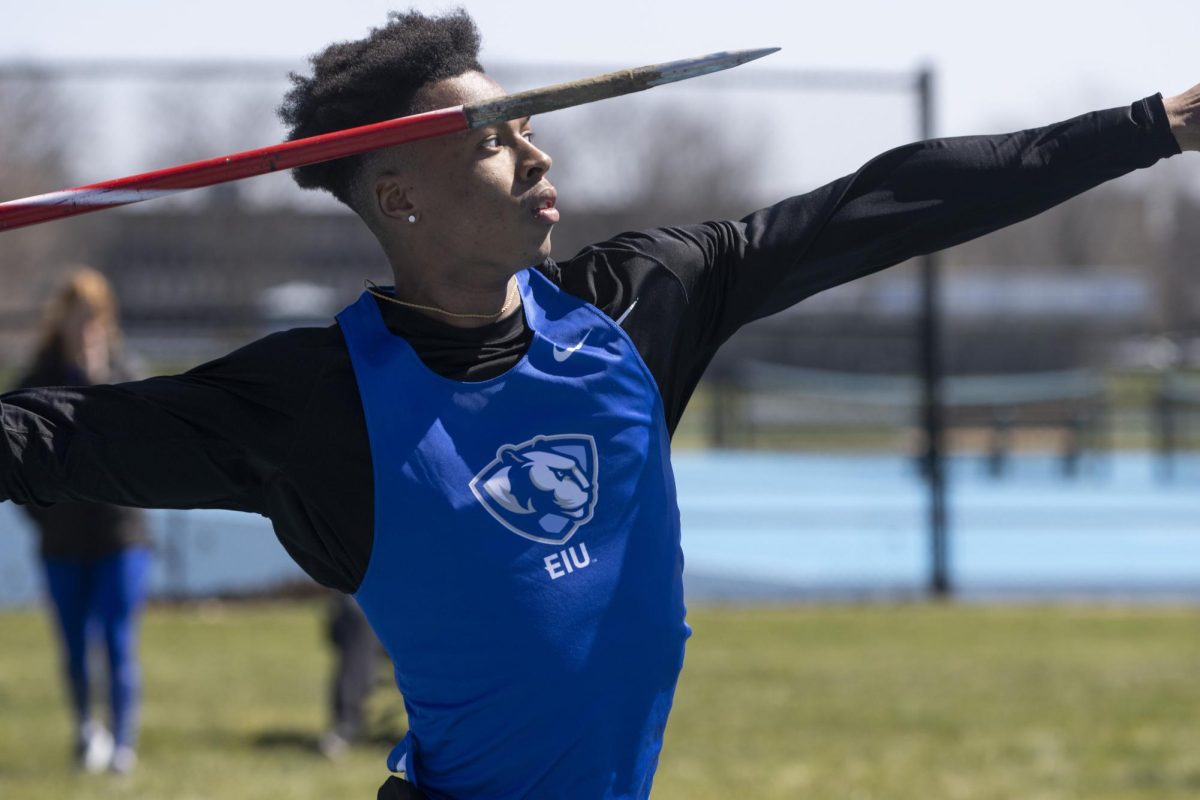 Eastern Illinois University fifth year senior track and field sprinter and thrower Shawn Lacy preparing to throw Javelin during the Big Blue Classic where he placed first in Javelin and the 100-meter dash on Saturday.