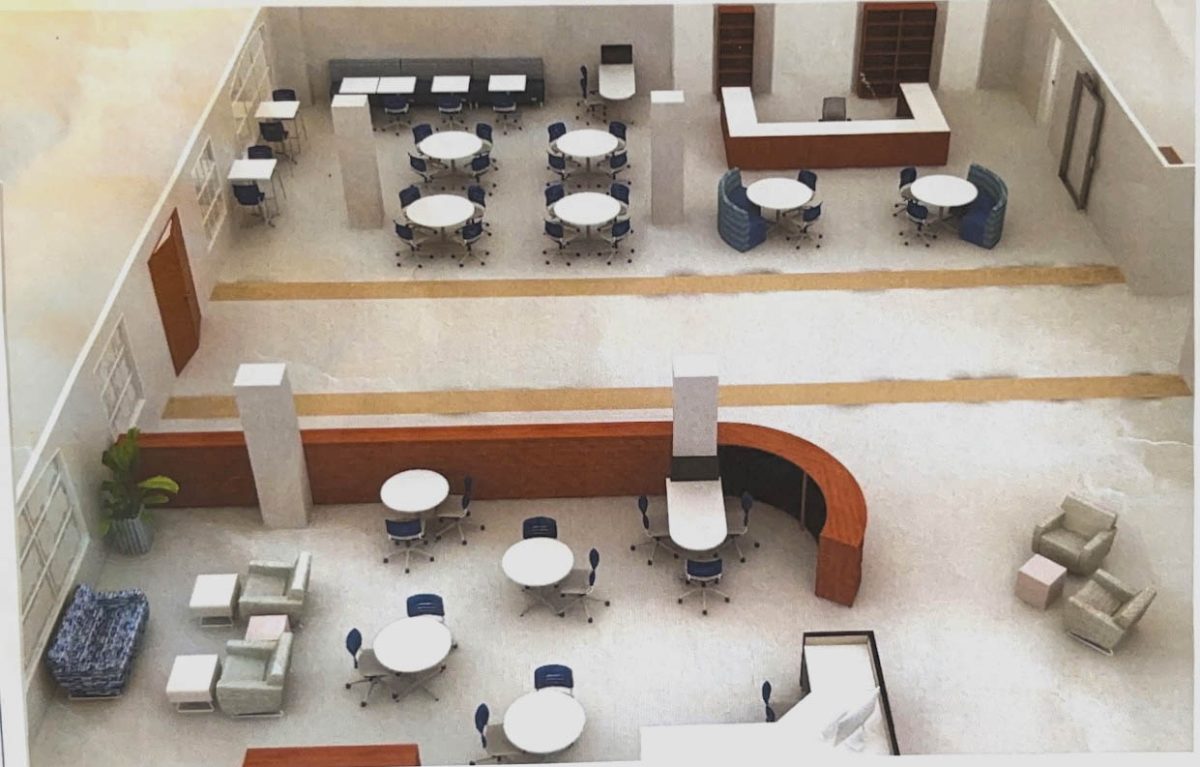 Drawings made by Gail Hug at the Stocks Office Furniture that models the layout of the Writing Center that will be moved to Booth Library from Coleman Hall next year.