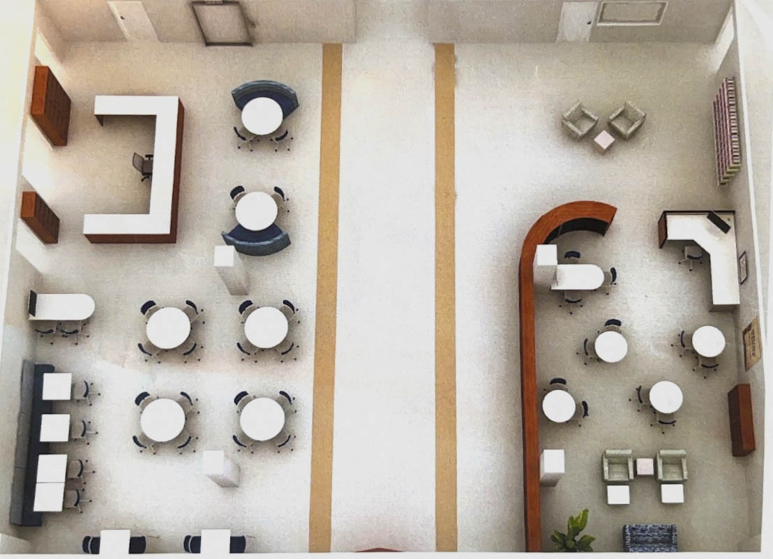 Drawings made by Gail Hug at the Stocks Office Furniture that models the layout of the Writing Center that will be moved to Booth Library from Coleman Hall next year.