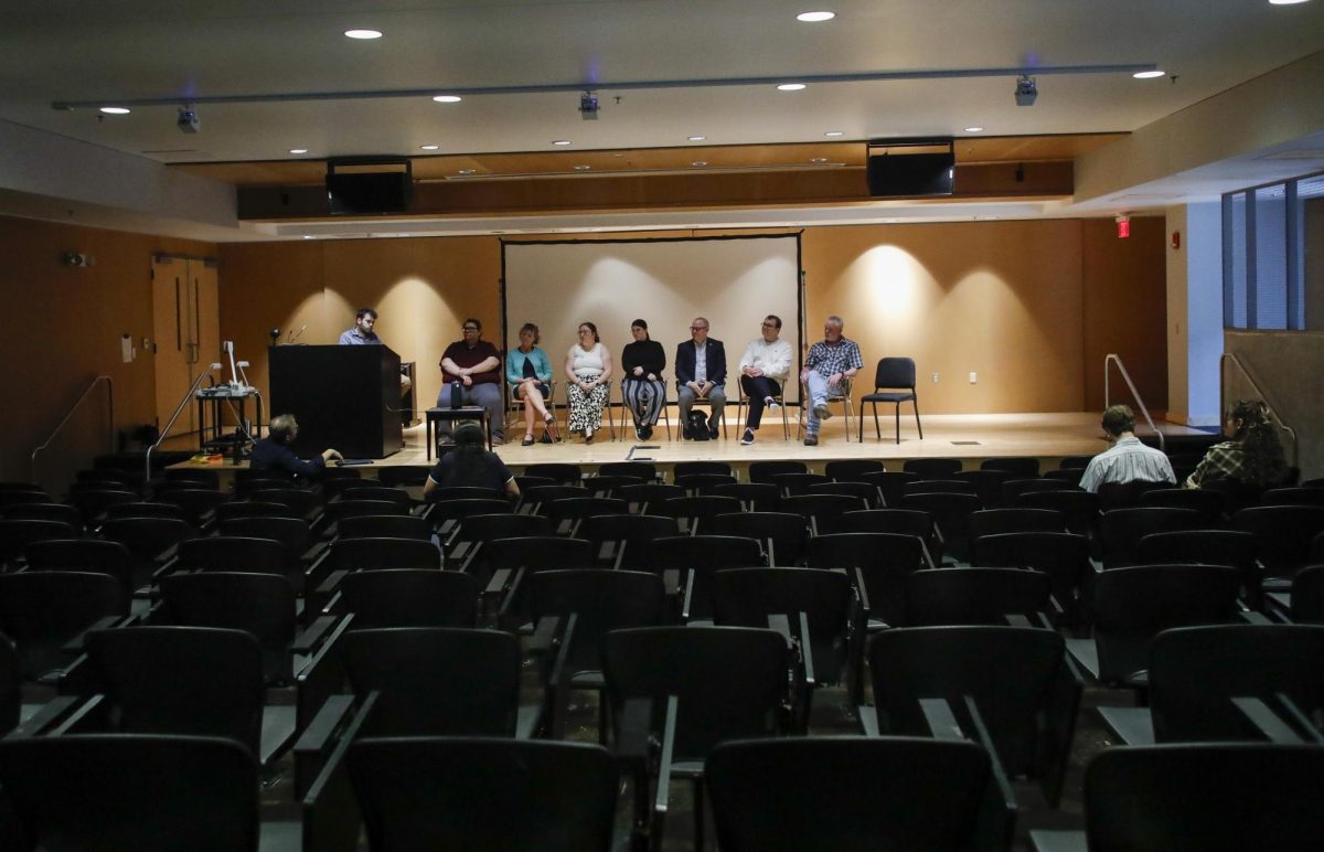 The panelists respond to questions about student safety, security and support during the Faculty Forum panel on Wednesday in the Doudna Fine Arts Center Lecture Hall. The panel was led by Brad Decker.