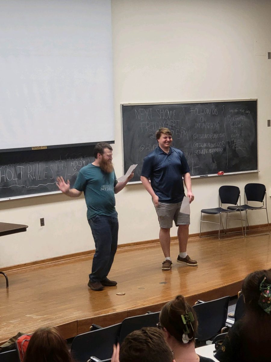 Business Administration major Ethan Lane (right) performs with fellow Lunchbox Voodoo member english major Brenden Cash (left) in the Coleman Auditorium on April 3. The sketch comedy group will be disbanding at the end of the semester, as no one applied for the club’s executive board next year.