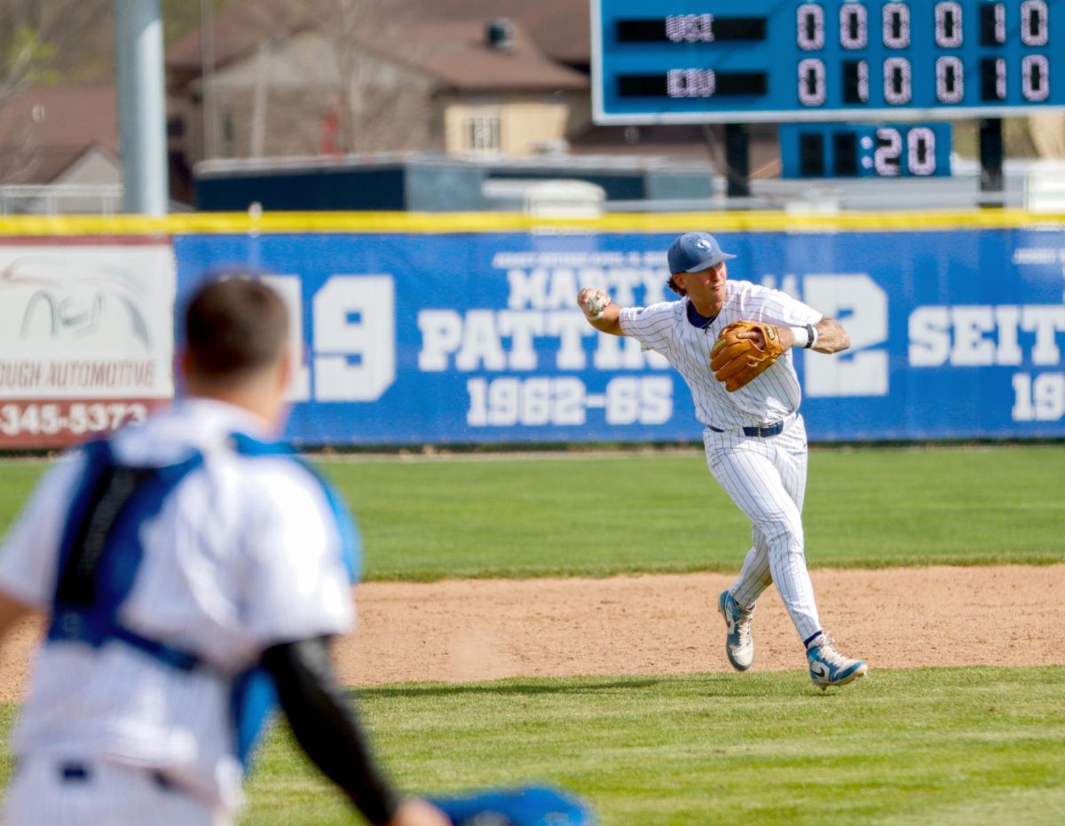 Sophomore infielder James Love throws the ball to get the final out of the game at EIU baseball's 3-1 win over Southern Indiana Saturday afternoon. 