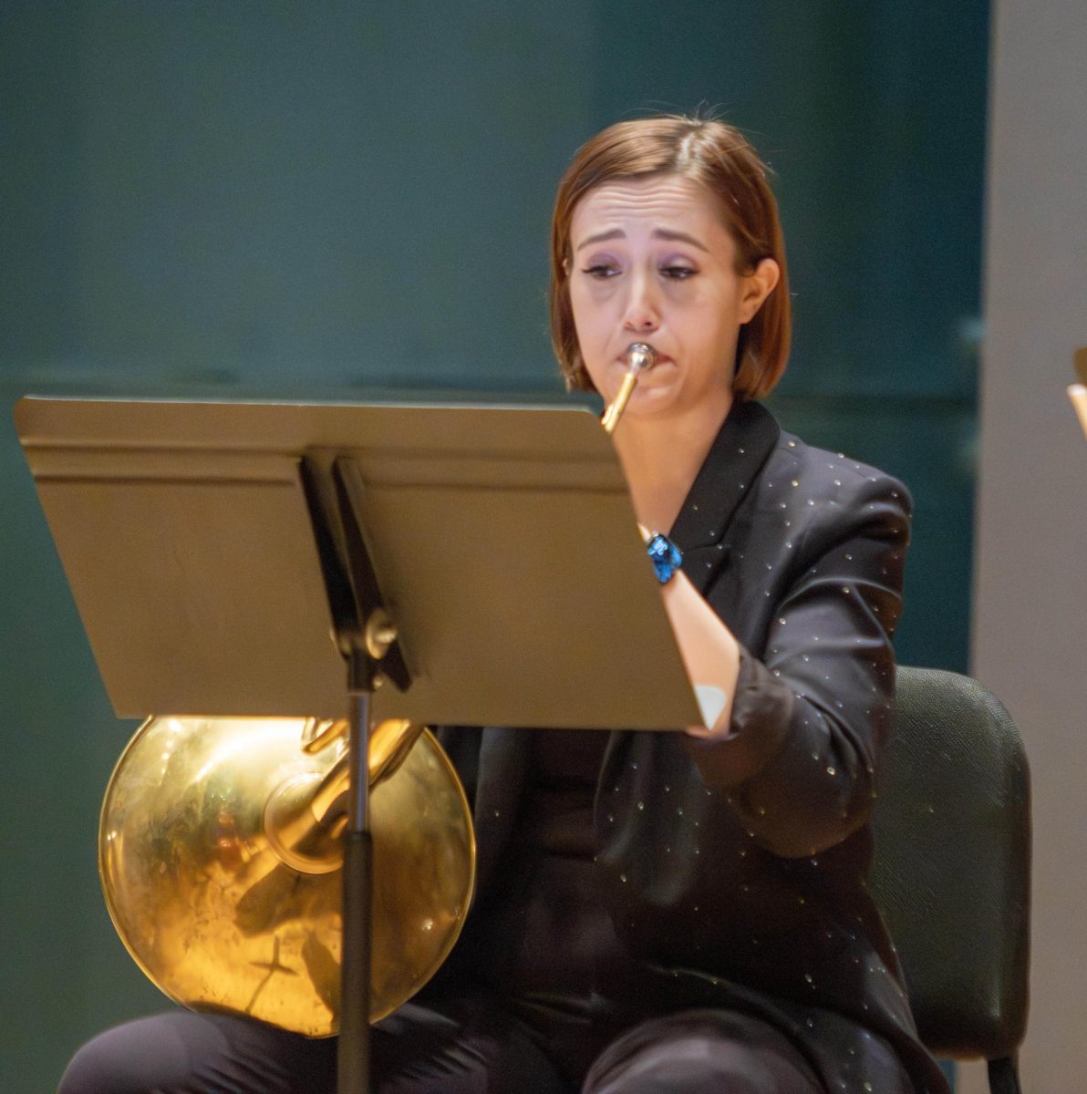 Eastern Illinois University music faculty member Molly Frederick plays the horn during Beethoven’s Septentrional at the EIU Faculty Chamber Concert at the Doudna Recital Hall on Monday night.