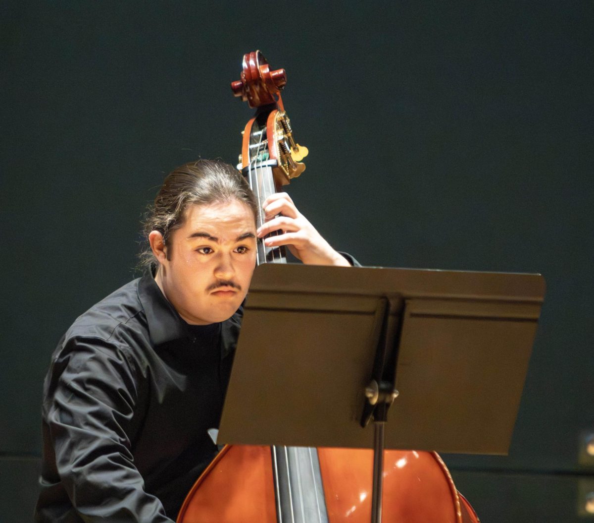 Eastern Illinois University junior music education major, bassist Race Brighton plays the double bass during Beethoven’s Septentrional at the EIU Faculty Chamber Concert at the Doudna Recital Hall on Monday night.