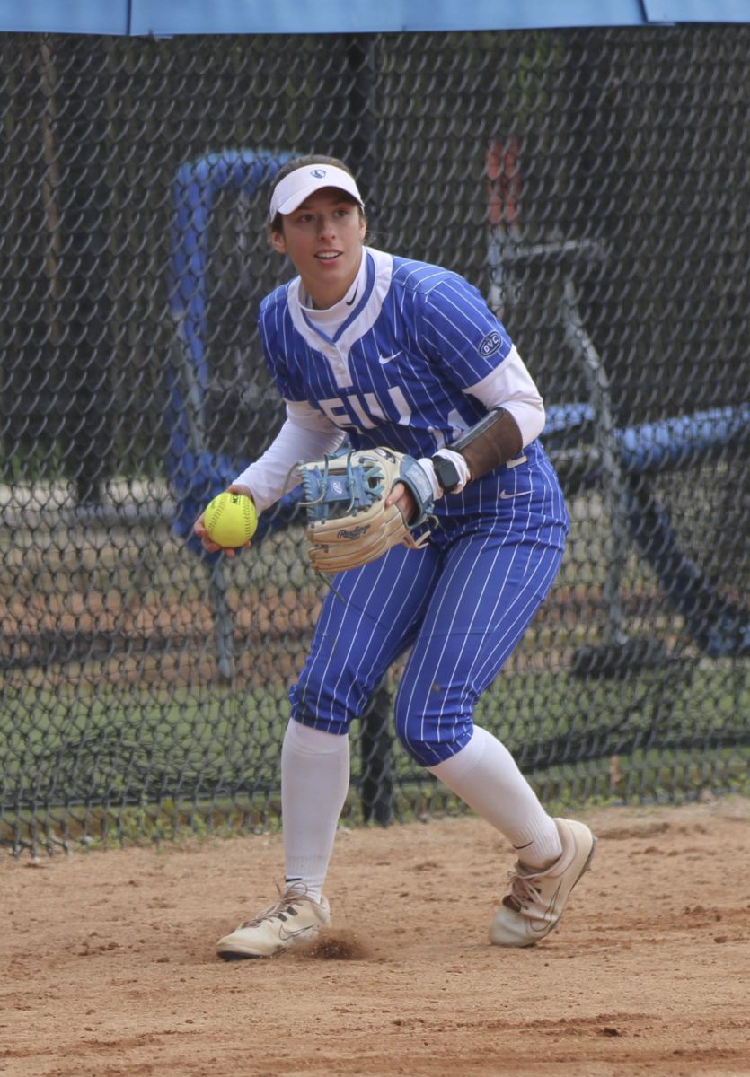 Infielder Senior Lizzie Stiverson looks towards first base after she batted a hard-hit ball into foul territory during an EIU softball game against Tennessee Tech on Saturday where the panthers won 6-0 at Williams Field.