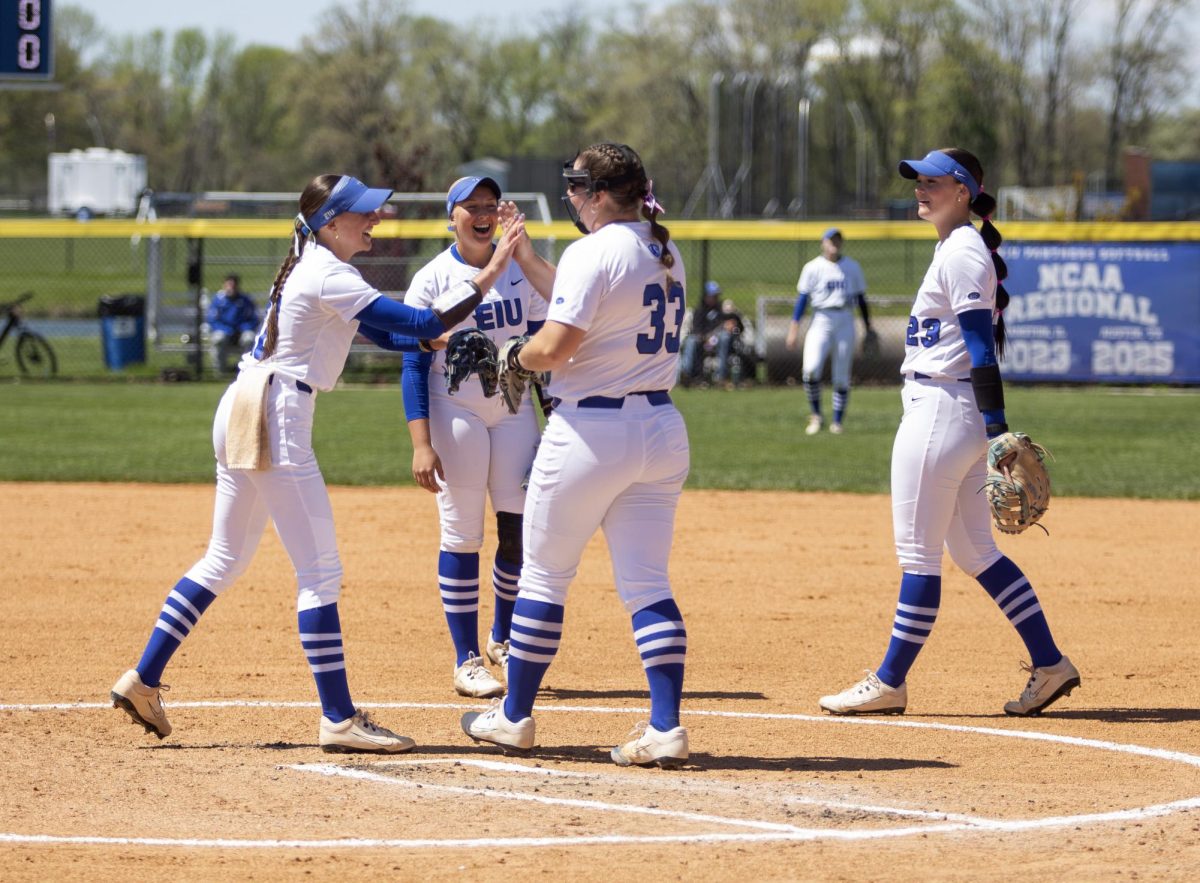 Softball pitcher senior Bryanna French high fives infield junior Chloe Wamboldt at the last game in the softball series against Tennessee Tech on Sunday at Williams Field. The panthers won 7-6.