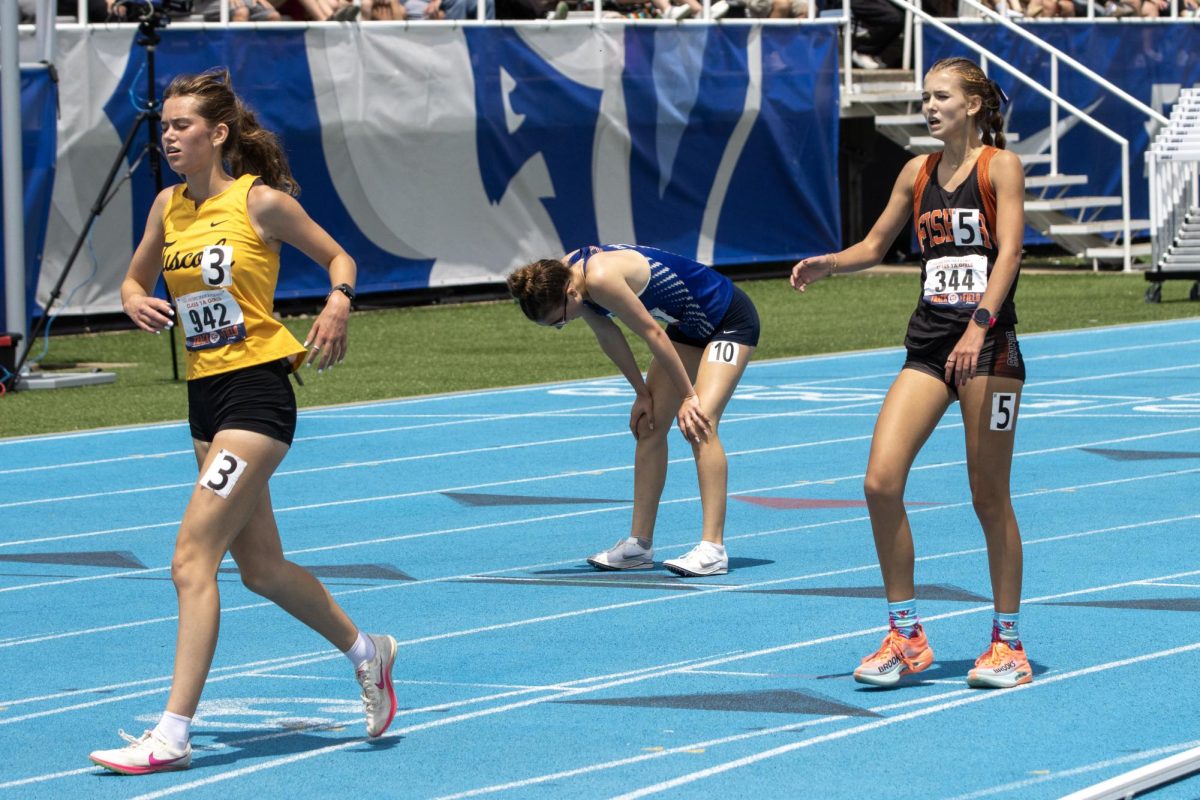 Girls finish the Class 1A 3200-meter race at the IHSA Girls State track meet at O'Brien field on Eastern Illinois University's campus in Charleston, Ill. on Saturday afternoon May 23, 2026.