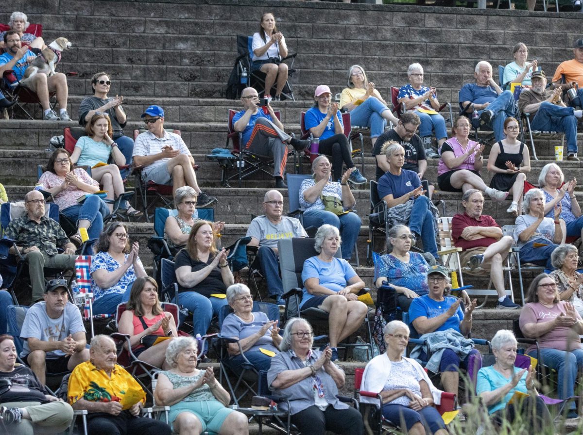 People in the audience for the Charleston Community Band clap along to patriotic songs during its weekly performance at Kiwanis Park on Thursday.