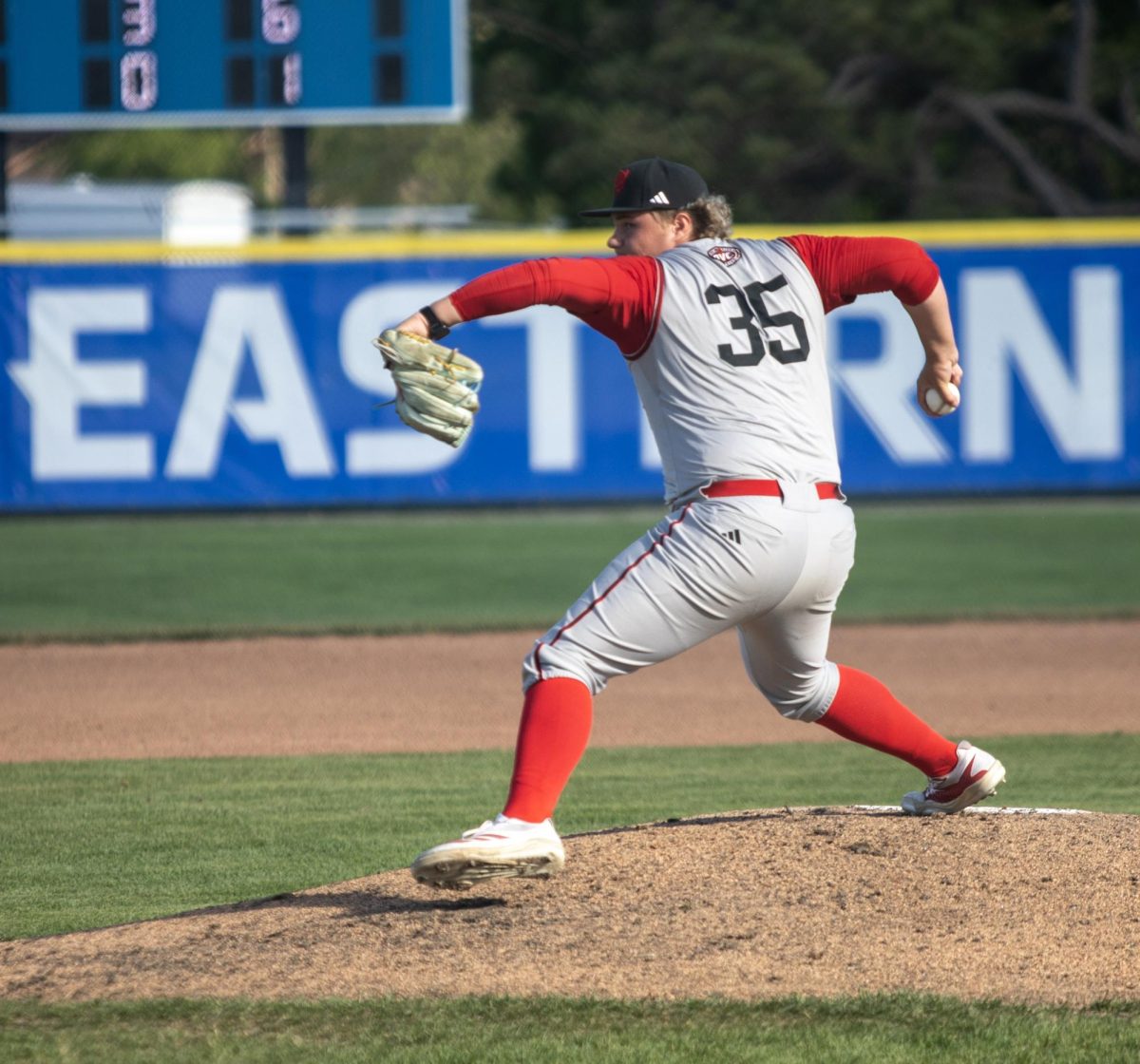 Southern Illinois University Edwardsville sophomore pitcher Tim Teixeira throws a pitch during EIU baseball’s loss to SIUE at Frost Field on Saturday.