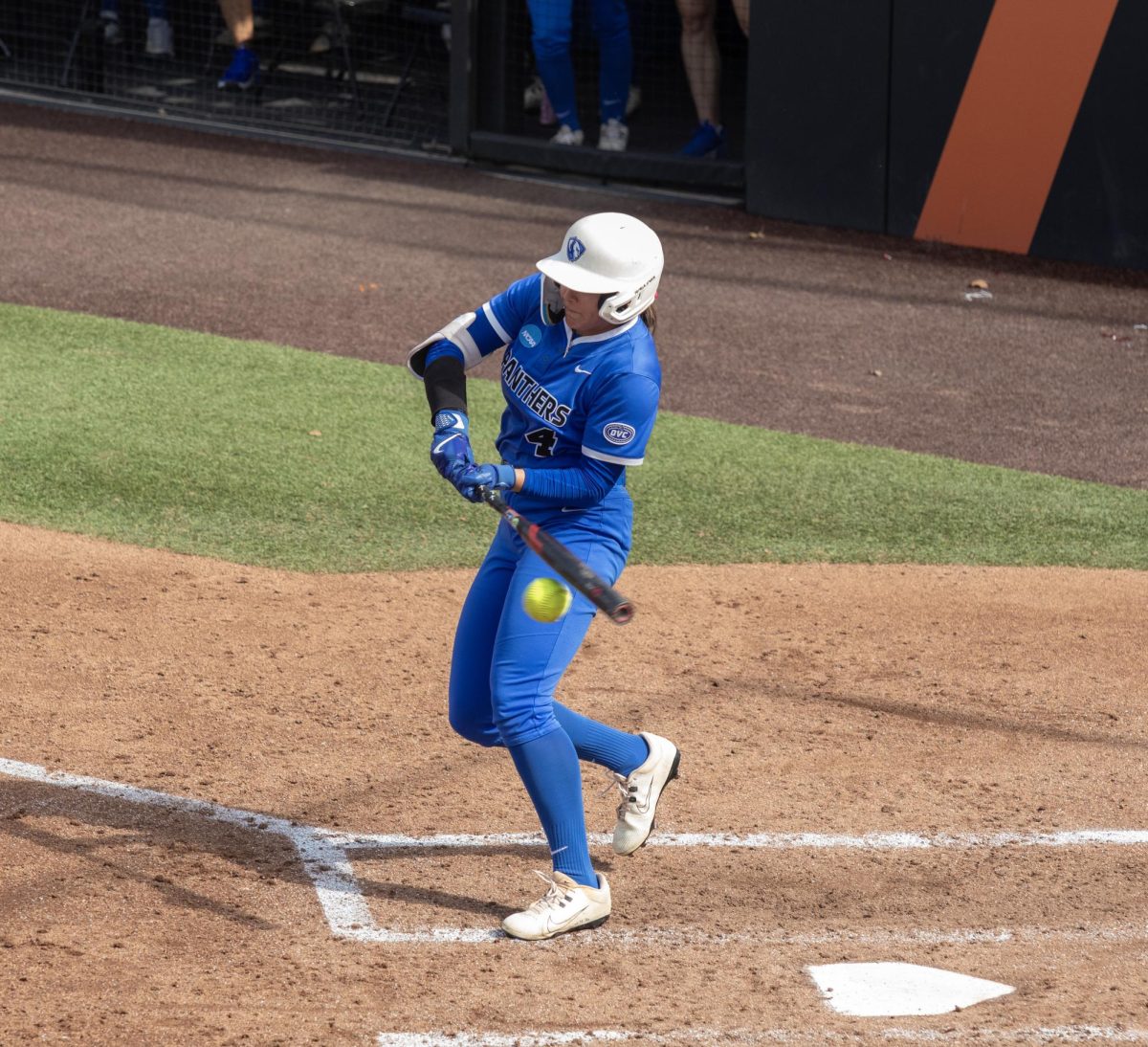 Eastern Illinois University softball sophomore outfielder Mo Hance swings at a ball during EIU’s 16-0 loss to Oklahoma State University in the second game of the NCAA Stillwater Regional on Friday.