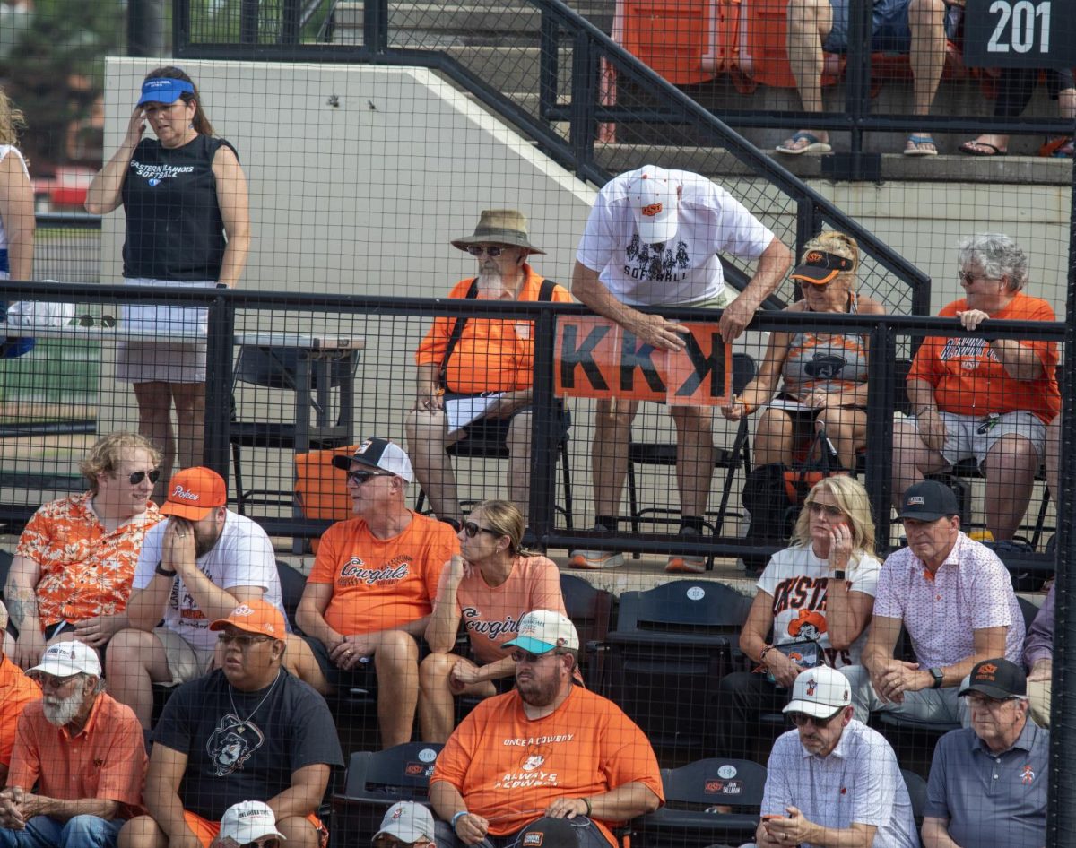 Fans of Oklahoma State University put up signs for every strikeout by their pitchers during EIU’s 16-0 loss to Oklahoma State University in the second game of the NCAA Stillwater Regional on Friday.