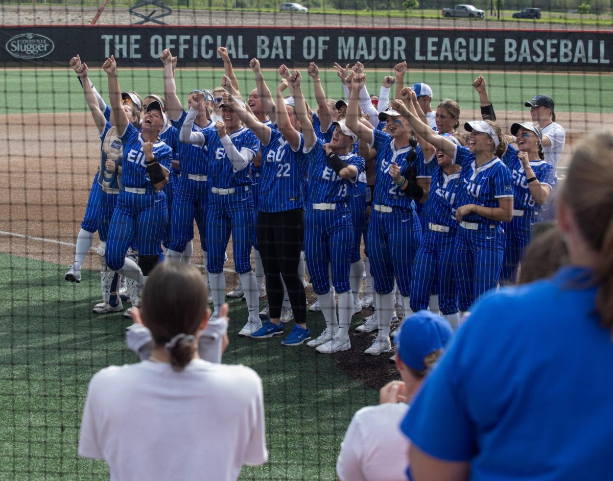 The Eastern Illinois Univeristy softball team sings the fight song to their fans after winning the OVC championship at OSF Healthcare Field at the Louisville Sports Sluggers Complex on Saturday.