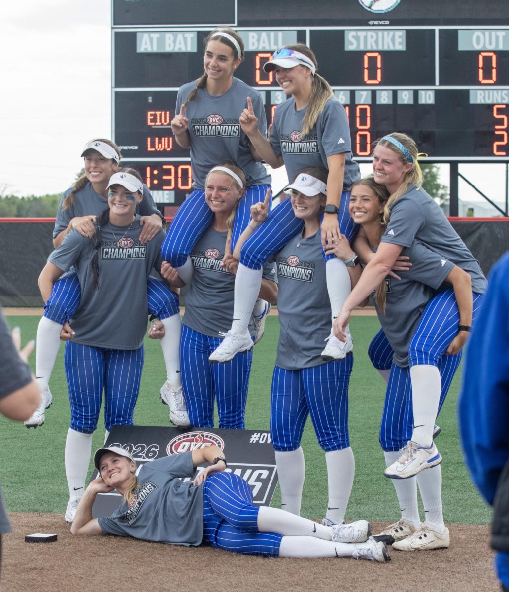 Members of the Eastern Illinois University softball team pose for a photo after winning the OVC championship at OSF Healthcare Field at the Louisville Sports Sluggers Complex on Saturday.