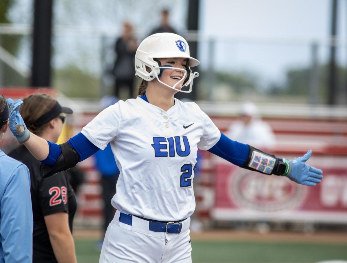 Eastern Illinois University softball sophomore utility player Abbi Hatton celebrates after she hit a single during EIU’s 7-6 win against Southeast Missouri State in the first round of the Ohio Valley Conference tournament at OSF Healthcare Field at the Louisville Sports Sluggers Complex on Thursday.