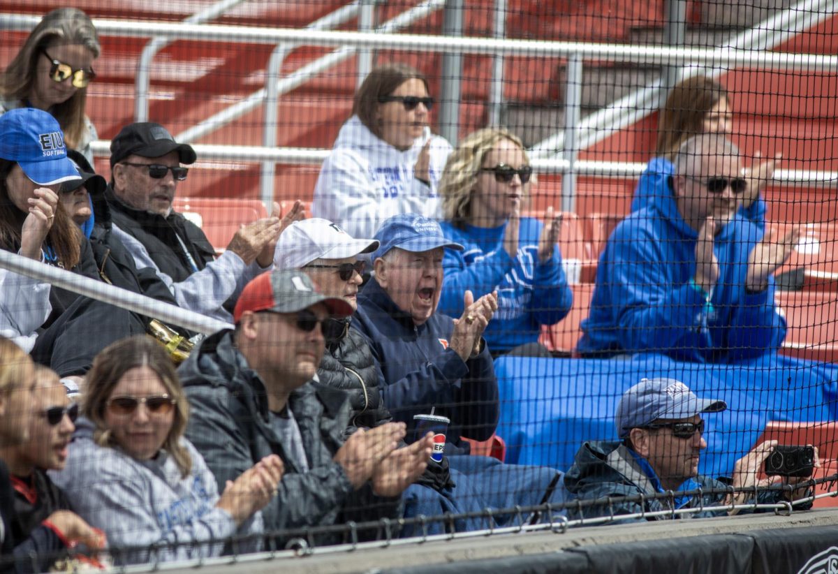 Fans of the Eastern Illinois University softball team cheer on the team during EIU’s 7-6 win against Southeast Missouri State in the first round of the Ohio Valley Conference tournament at OSF Healthcare Field at the Louisville Sports Sluggers Complex on Thursday.