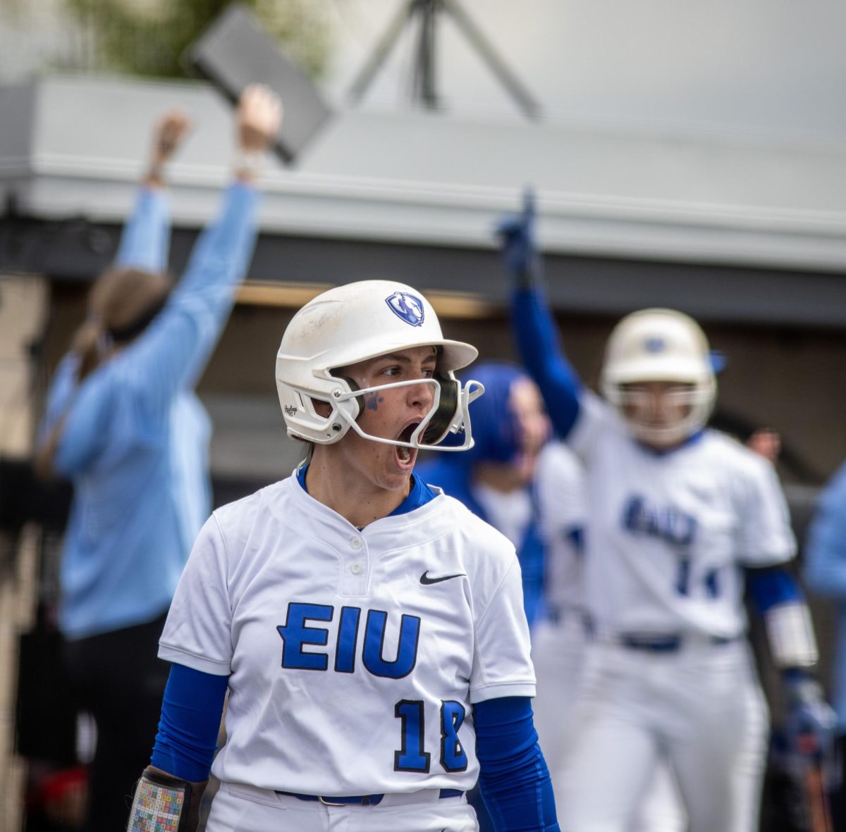 Eastern Illinois University softball junior infielder Chloe Wamboldt screams in celebration after a home run during EIU’s 7-6 win against Southeast Missouri State in the first round of the Ohio Valley Conference tournament at OSF Healthcare Field at the Louisville Sports Sluggers Complex on Thursday.