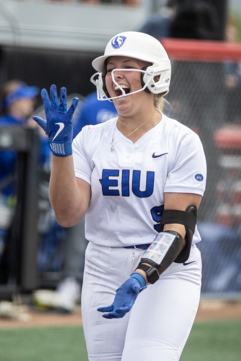 Eastern Illinois University freshman infielder Viola Smith does the six-seven celebration after hitting a home run during EIU’s 7-6 win against Southeast Missouri State in the first round of the Ohio Valley Conference tournament at OSF Healthcare Field at the Louisville Sports Sluggers Complex on Thursday.