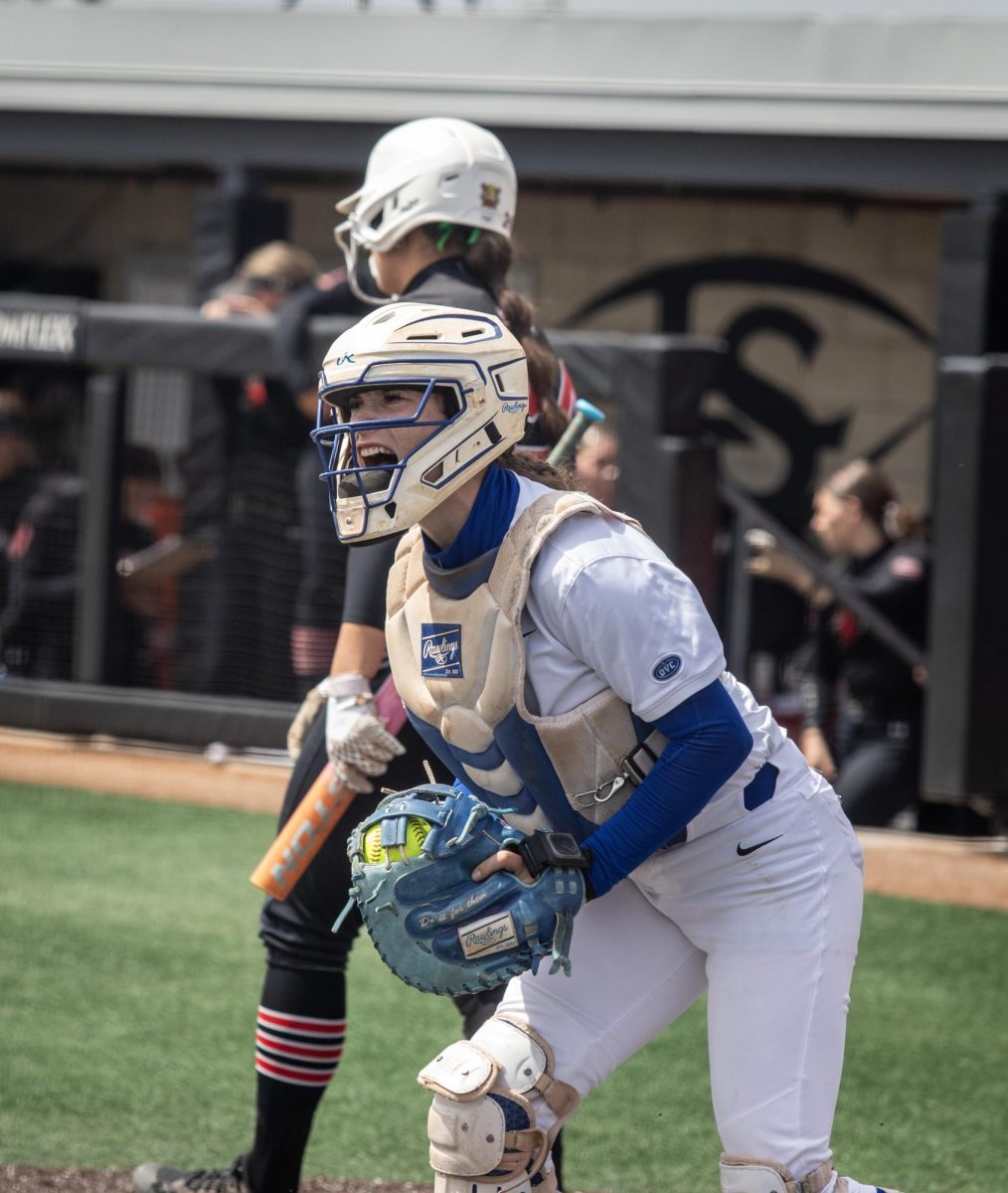 Eastern Illinois University softball junior catcher Sophia Olman yells out in celebration after a strikeout to end the inning during EIU’s 7-6 win against Southeast Missouri State in the first round of the Ohio Valley Conference tournament at OSF Healthcare Field at the Louisville Sports Sluggers Complex on Thursday.