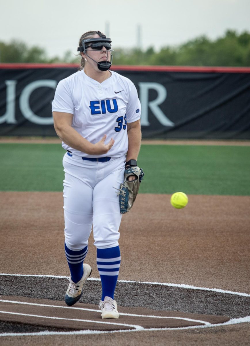 Eastern Illinois University softball senior pitcher Bryanna French pitches a ball to the hitter during EIU’s 7-6 win against Southeast Missouri State in the first round of the Ohio Valley Conference tournament at OSF Healthcare Field at the Louisville Sports Sluggers Complex on Thursday.