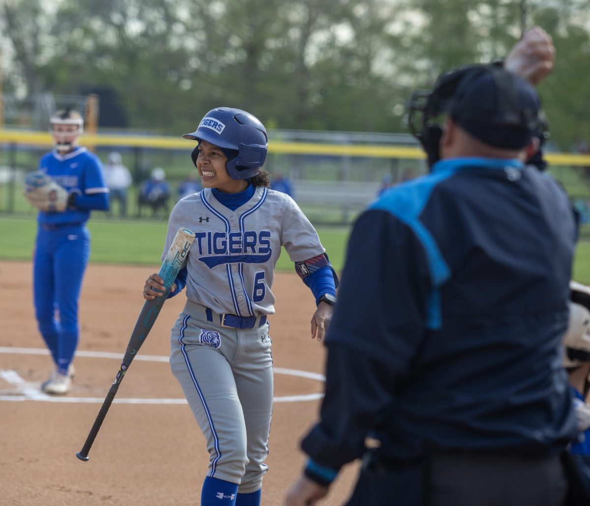 Tennessee State University softball junior infielder Alexis Woods grimaces after a strike call during Eastern Illinois University’s 9-4 win over TSU at Williams Field on Friday.