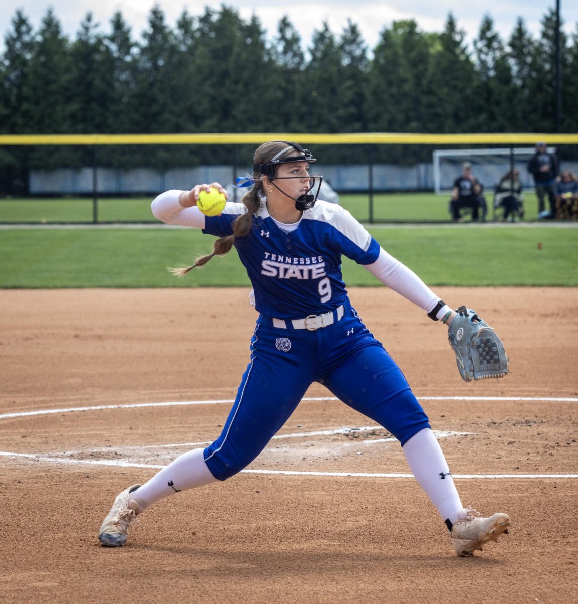 Tennessee State University softball freshman pitcher Miriam Gordon throws the ball to first base for an out during Eastern Illinois University’s 15-0 win over TSU at Williams field on Saturday.
