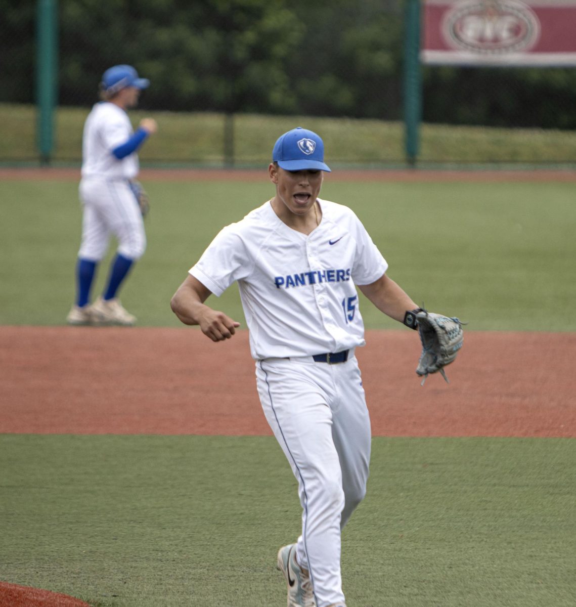 Eastern Illinois University junior right-handed pitcher Anthony Solis celebrates Eastern’s 3-2 win over Southeast Missouri in the OVC tournament after throwing three hitless innings of relief pitching.