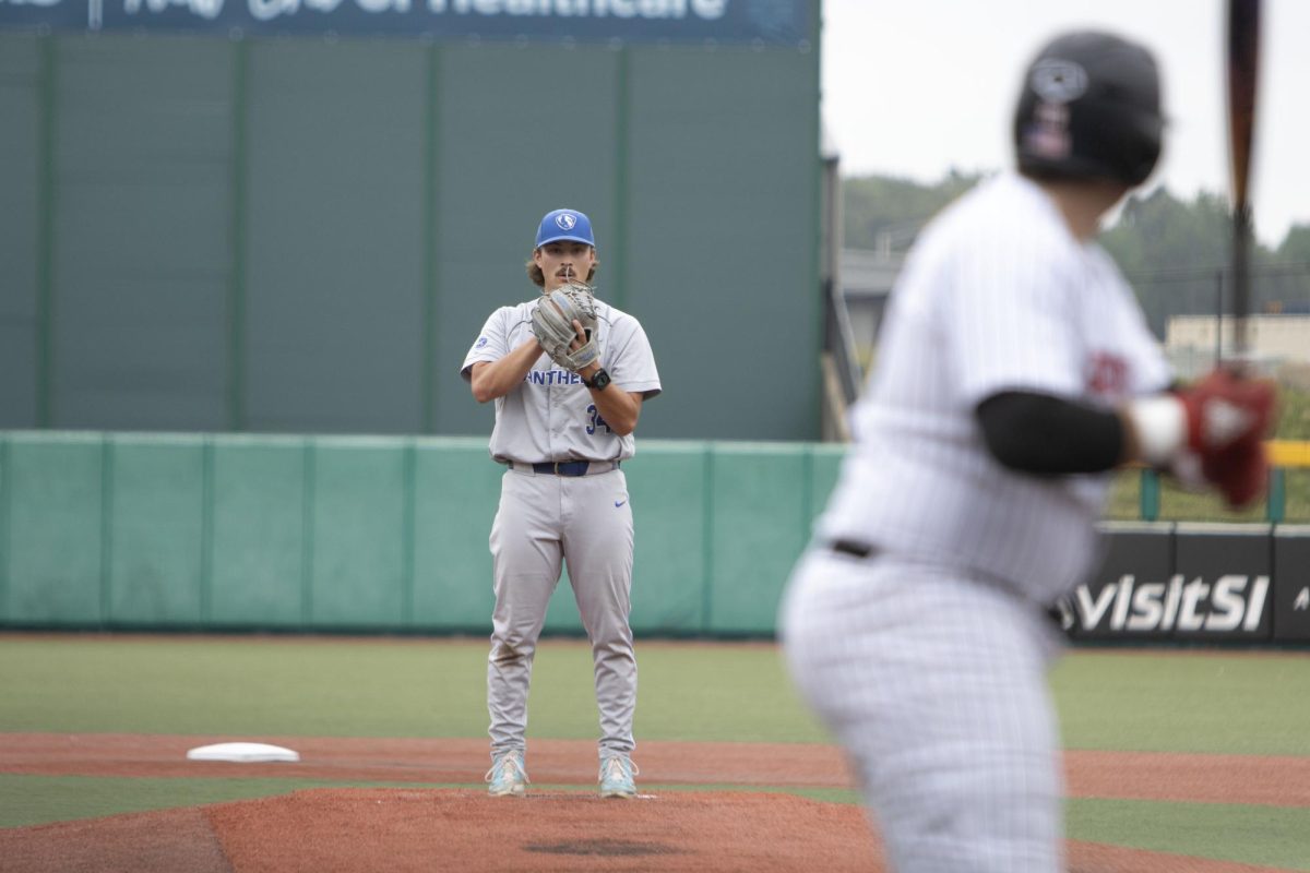 Eastern Illinois University graduate right-handed pitcher Tyler Conklin about to deliver a pitch during Eastern’s 3-2 win over Southern Illinois Edwardsville in the Ohio Valley Conference tournament.