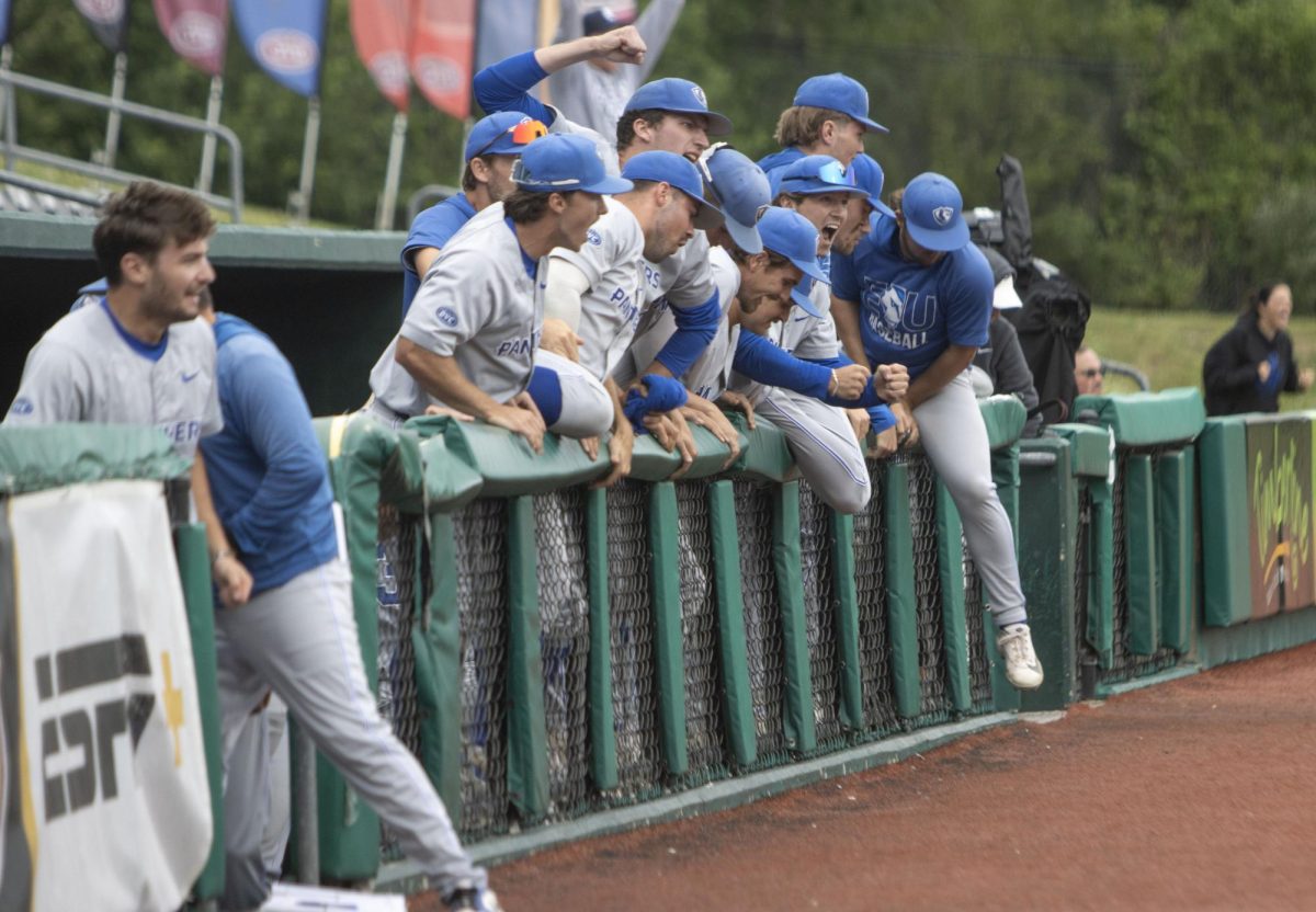 Eastern Illinois University’s dugout celebrates and storms the field after Eastern’s 3-2 win over Southern Illinois Edwardsville in the Ohio Valley Conference tournament.