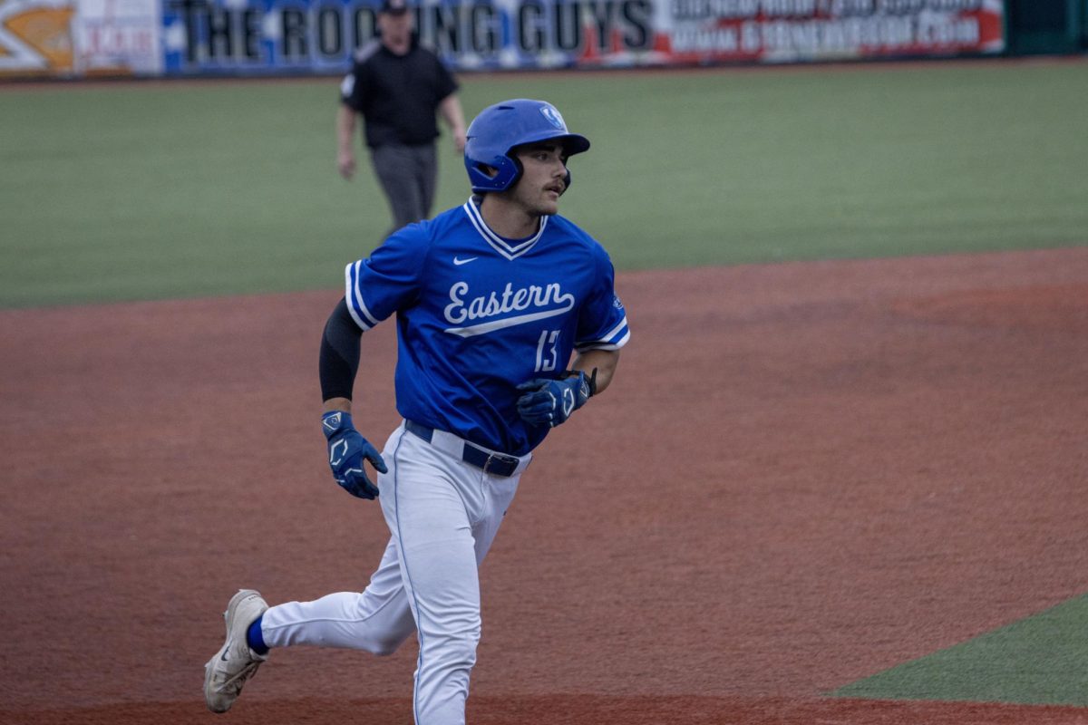 Eastern Illinois University baseball senior Mike O'Connor rounding third after hitting a solo homer run to left field during a 4-3 loss to Little Rock in the first game of the Ohio Valley Conference championship game Saturday night.