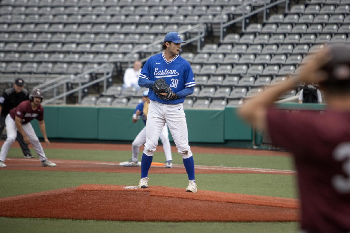 Eastern Illinois University baseball right-handed graduate pitcher James Geshel pitching during a 4-3 loss to Little Rock in the first game of the Ohio Valley Conference championship game Saturday night.