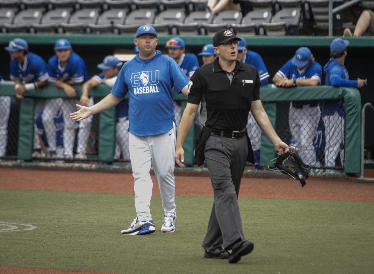 Eastern Illinois University baseball head coach Jason Anderson arguing an out call during a 4-3 loss to Little Rock in the first game of the Ohio Valley Conference championship game Saturday night.