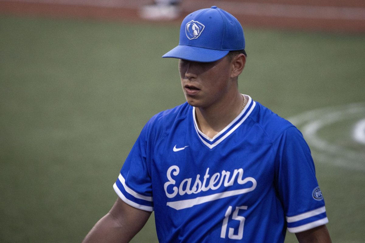 Eastern Illinois University baseball right handed junior pitcher Anthony Solis walks off the field during a 4-3 loss to Little Rock in the first game of the Ohio Valley Conference championship game Saturday night.